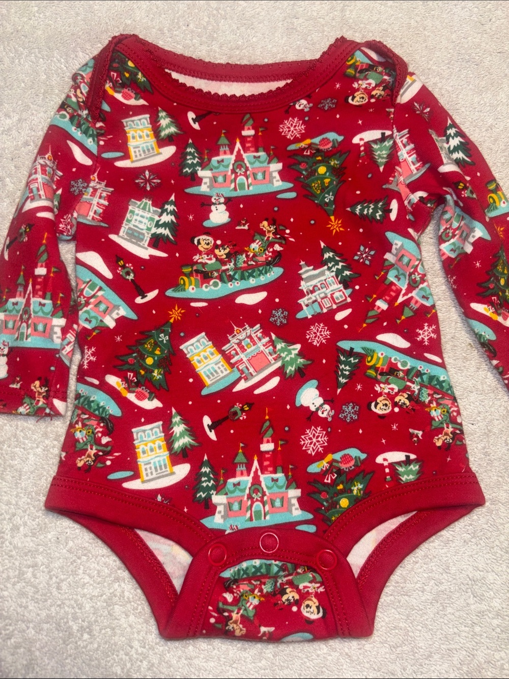 Disney Red Holiday Village Print Long-Sleeve One-Piece Bodysuit